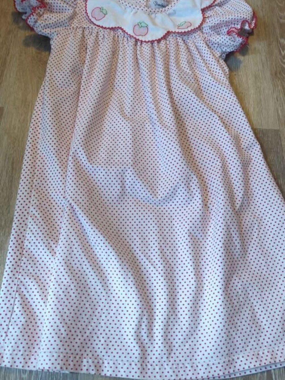 smockingbird red and white polka dot bishop dress with embroidered apple